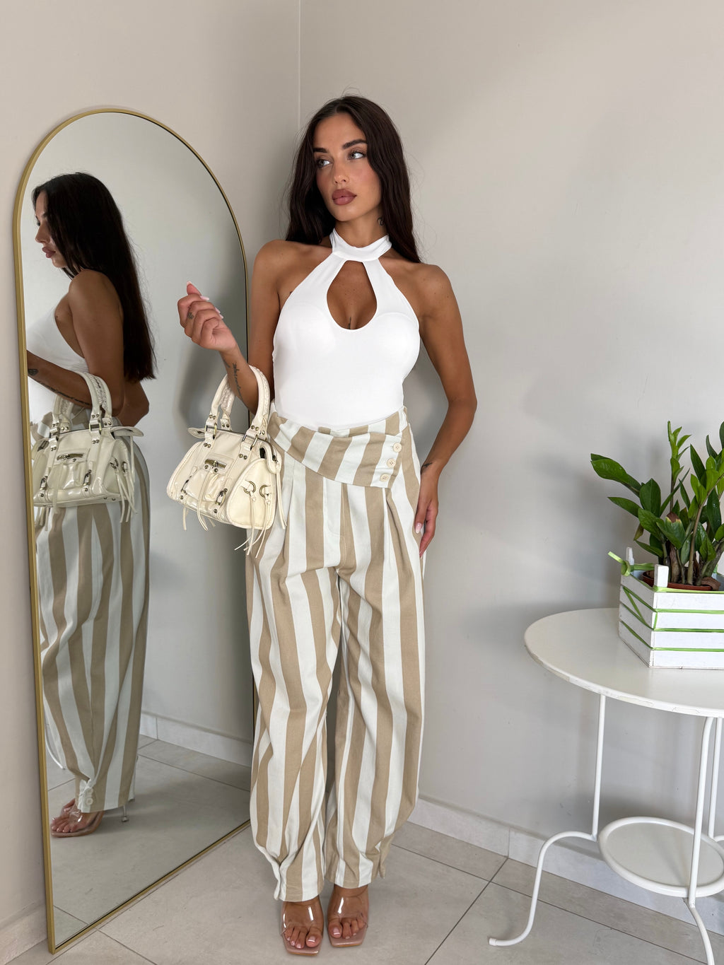 PANTALONE A RIGHE BEIGE
