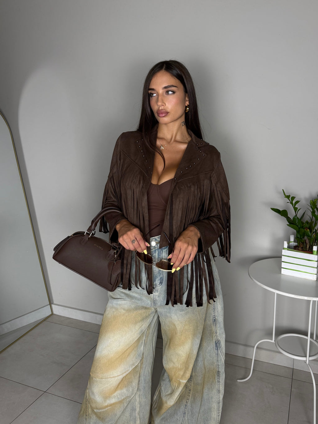 GIACCA CON FRANGE MARRONE