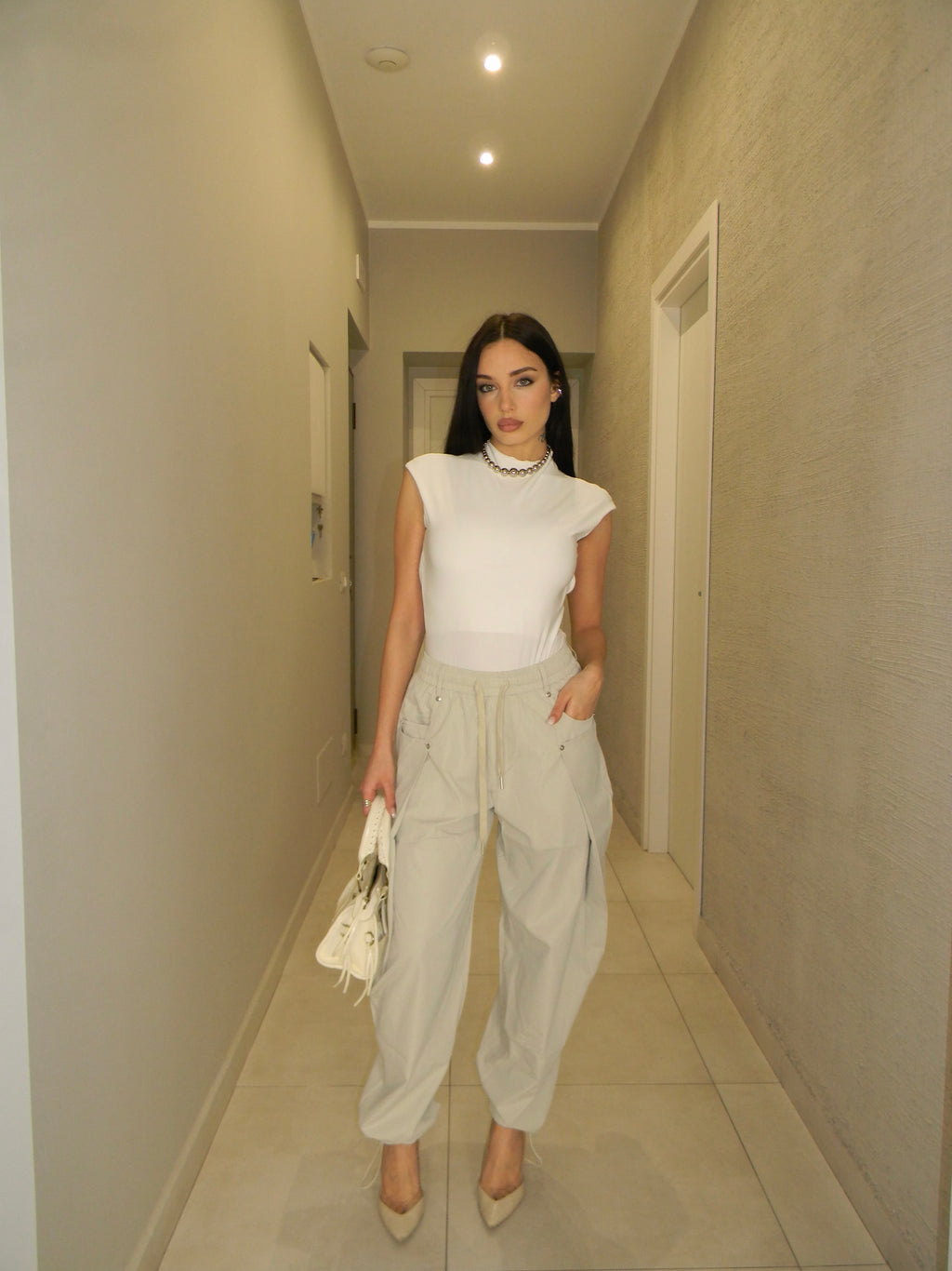 PANTALONE CARGO BIANCO FUMO