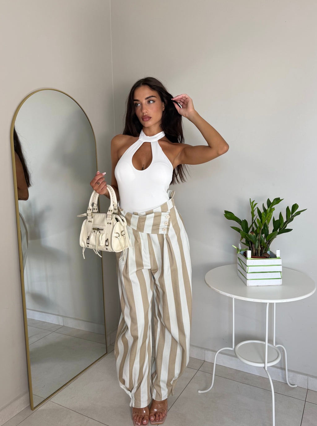 PANTALONE A RIGHE BEIGE
